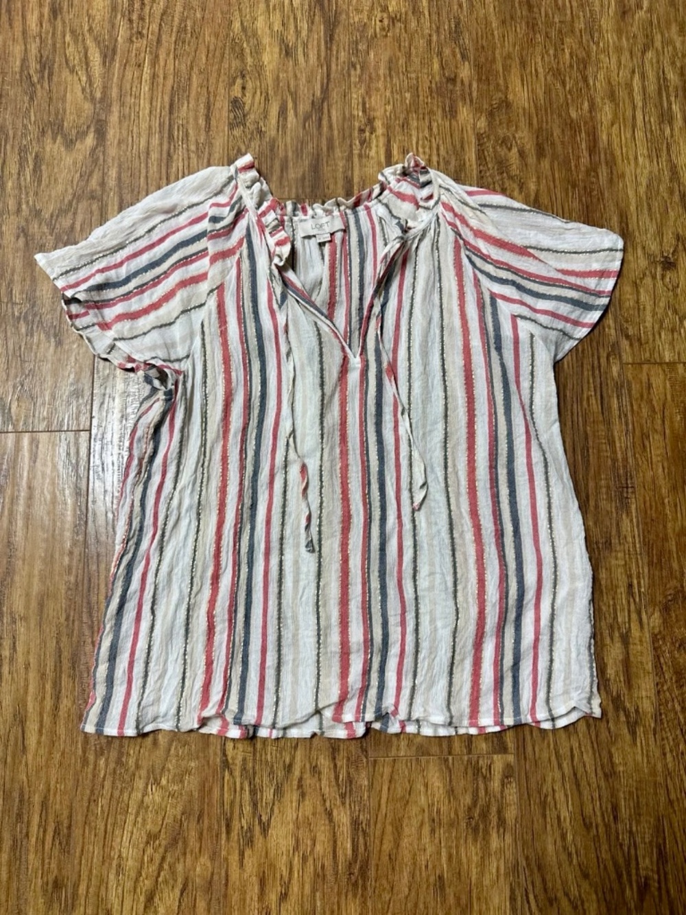 LOFT Striped Gold Accent Tie Neck Blouse Women's Size Small